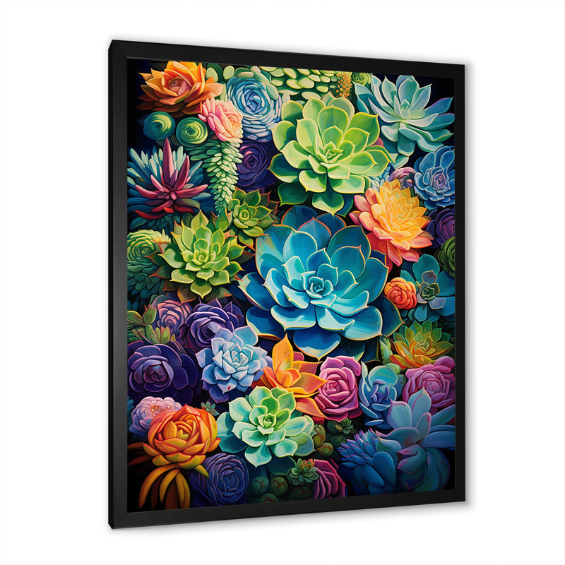 «Eugie Green Blue Succulents Succulent Paradise II», reproduction sur toile, Cadre photo noir, H 20 po x l 12 po x P 1 po