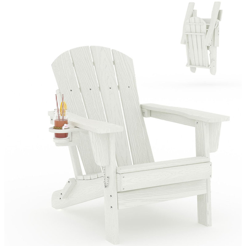 Folding Adirondack Chair, HDPE Outdoor Patio Chair with Cup Holder, Weather Resistant Wood Texture, White
