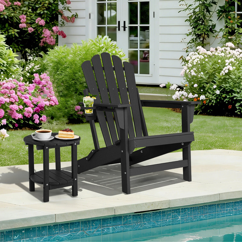 Chaise Adirondack pliable en PEHD pour l'extérieur avec porte-gobelet, Noir, 1