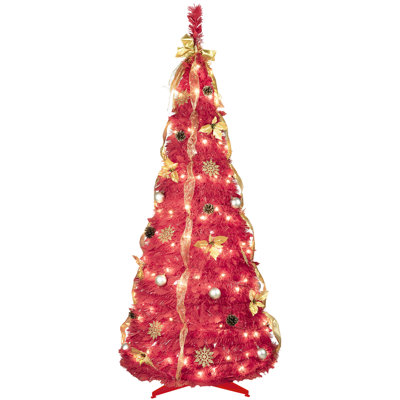 6ft Red Pop-up Christmas Tree With 150 Warm White Led Lights, 53 Decorations, Easy To Up For Holiday Decor In Small Offices Function, Decorative Pieces, Quick Setup Dorm Spirit