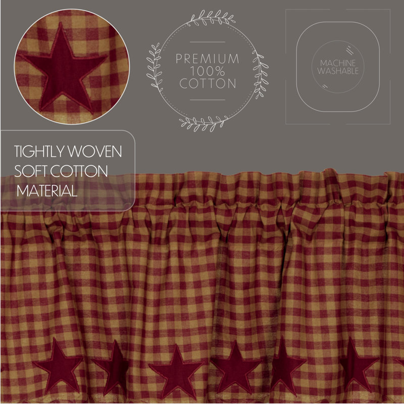 Navy Star Checkered Cotton 72'' W Window Valance, Burgundy