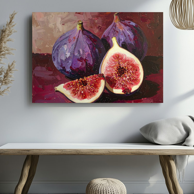 «Ripe Fig Cluster», peinture à l'huile sur toile avec fond texturé bourgogne, H 20 po x l 20 po