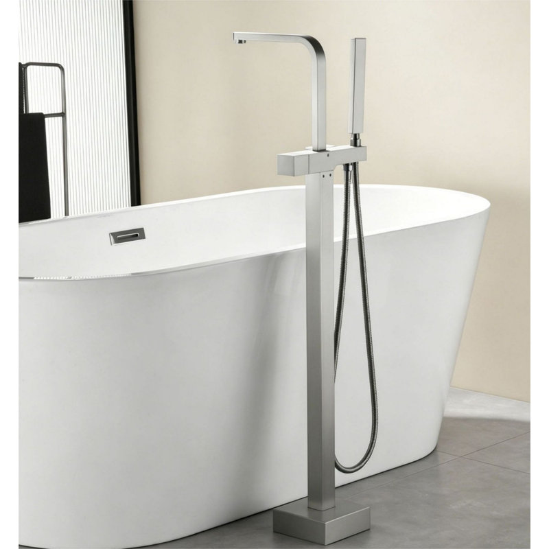 Robinet de baignoire autoportant à fixation au sol avec douche à main, Nickel brossé