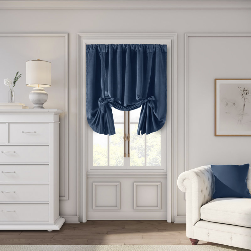 Premium Velvet Myreon Solid Color Room Darkening Thermal Rod Pocket Decorative Tie-Up Curtain Panel, Blue