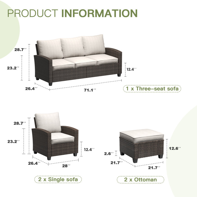 5 Piece Outdoor Rattan Sofa Seating Groups, Beige