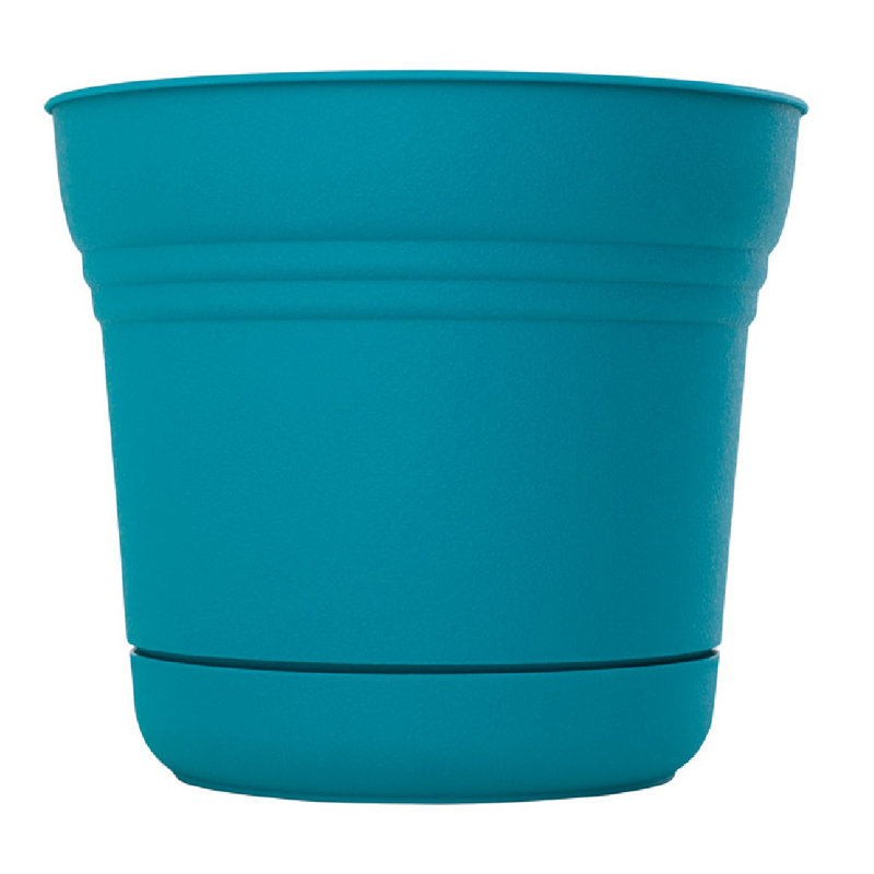 Saturn Traditional Plastic Indoor/Outdoor Round Planter with Saucer, 8.6" H x 9.8" W x 9.8" D, Mint Green