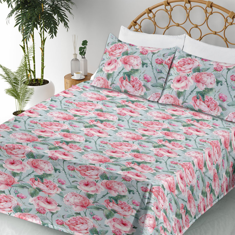 Ambesonne Floral Sheet Set Pastel Pink Peony Flowers Pale Blue Pastel Pink, California Sheet Set with 2 Pillowcases
