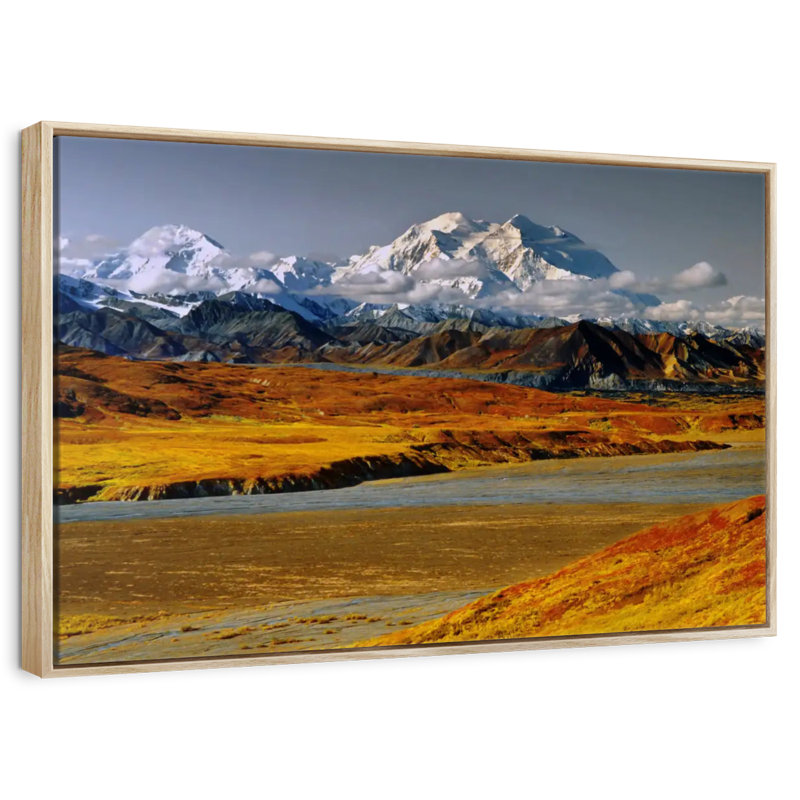 Golden Denali Fall, 40" X 27", Floating Frame Natural Wood