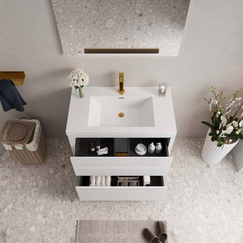 Meuble-lavabo autoportant avec lavabo, armoire de rangement avec comptoir et tiroirs à fermeture en douceur, idéal pour les salles de bain organisées et confortables