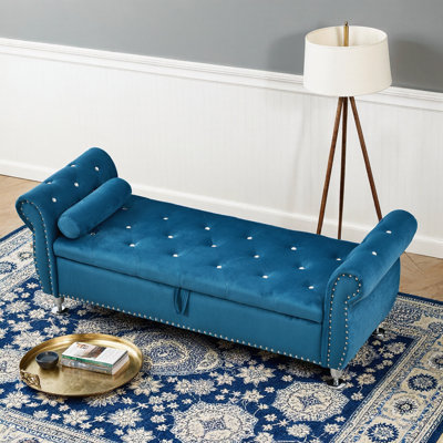 Banc de rangement en velours de 62,2 po avec boutons en cristal - repose-pieds rembourré, charnière de sécurité et 1 coussin - rangement doux et spacieux pour la chambre à coucher, le salon et l'entrée - capacité de 300 lb
