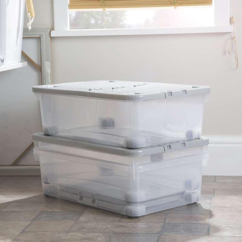 Wham 32L Plastic Storage Box with Wheels and Folding Lid Pack of 3 Clear/Cool Grey