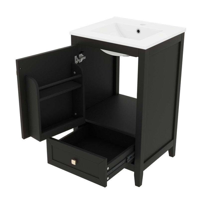 Meuble-lavabo en bois massif de 20 po avec lavabo, armoire autoportante, porte à fermeture douce, support de rangement, tiroir