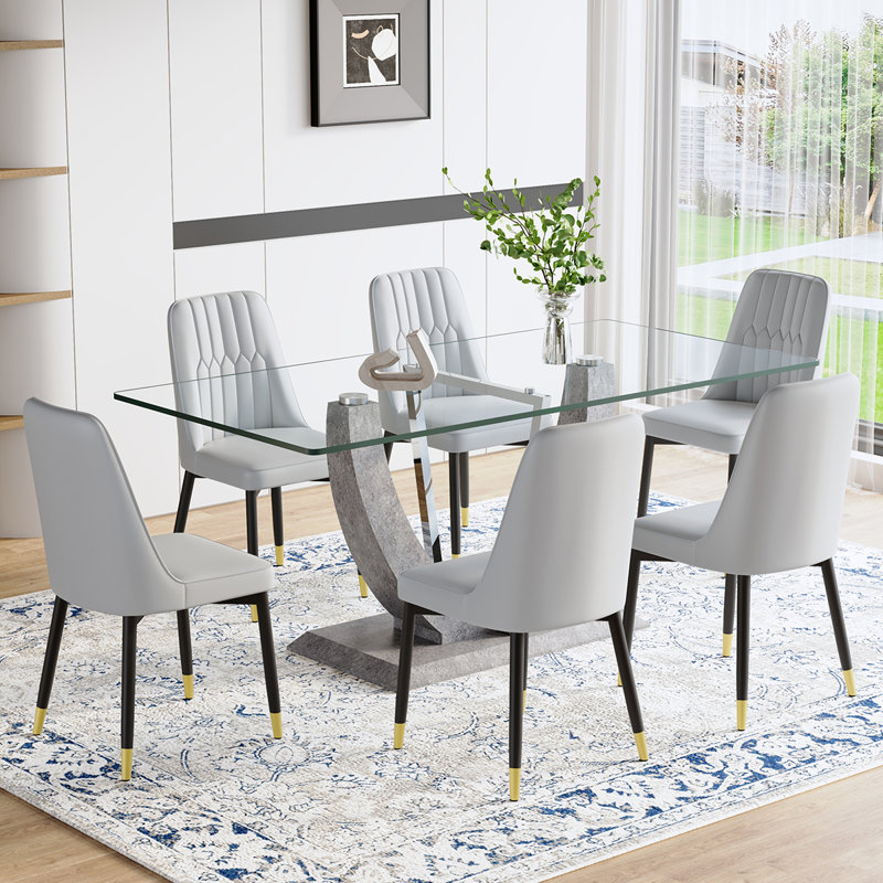 71'' Modern Glass Dining Table Set For 6-8,Ideal For Family Gatherings, 7 Pieces: Table, 6 Chairs, Gray