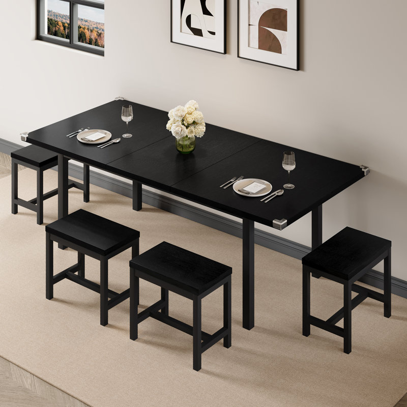Ensemble de salle à manger extensible 7 pièces avec 6 tabourets, table de 63 po, noir