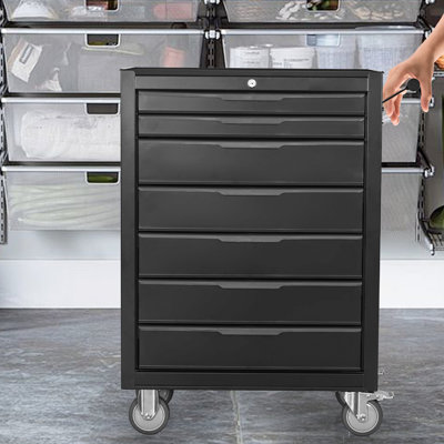Coffre à 7 roulettes grande capacité - Armoire à outils en métal pour garage, atelier de rangement noir