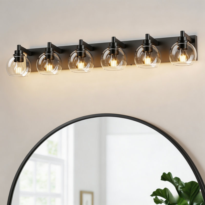 Applique murale pour salle de bain 6 lumières en verre mat noir mat pour miroir, H 7,9 po x l 40,6 po x P 6,97 po, 6 lumières