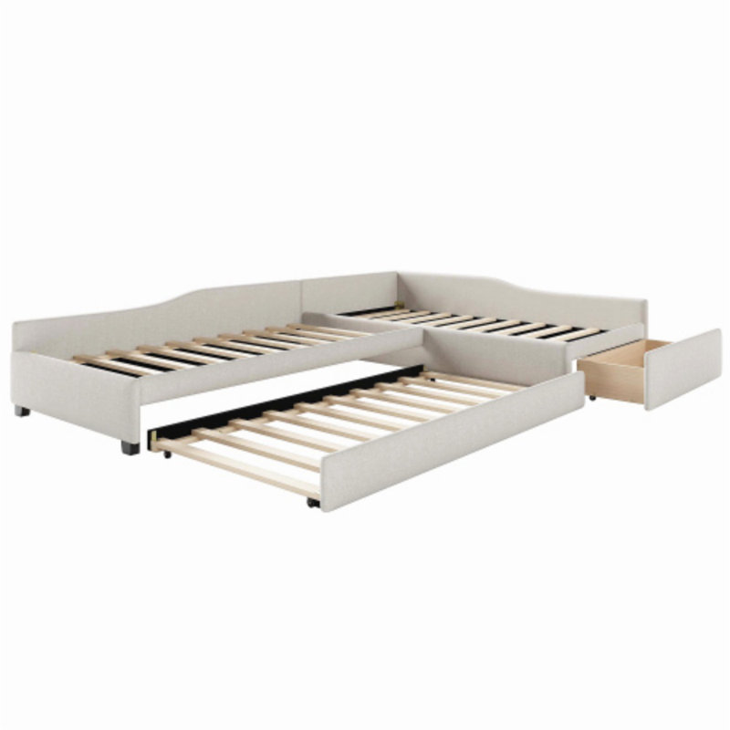 Twin Size Upholstered Daybed With Trundle & Drawer – Double Sleeper Sofa For Guest Room And Kids Room