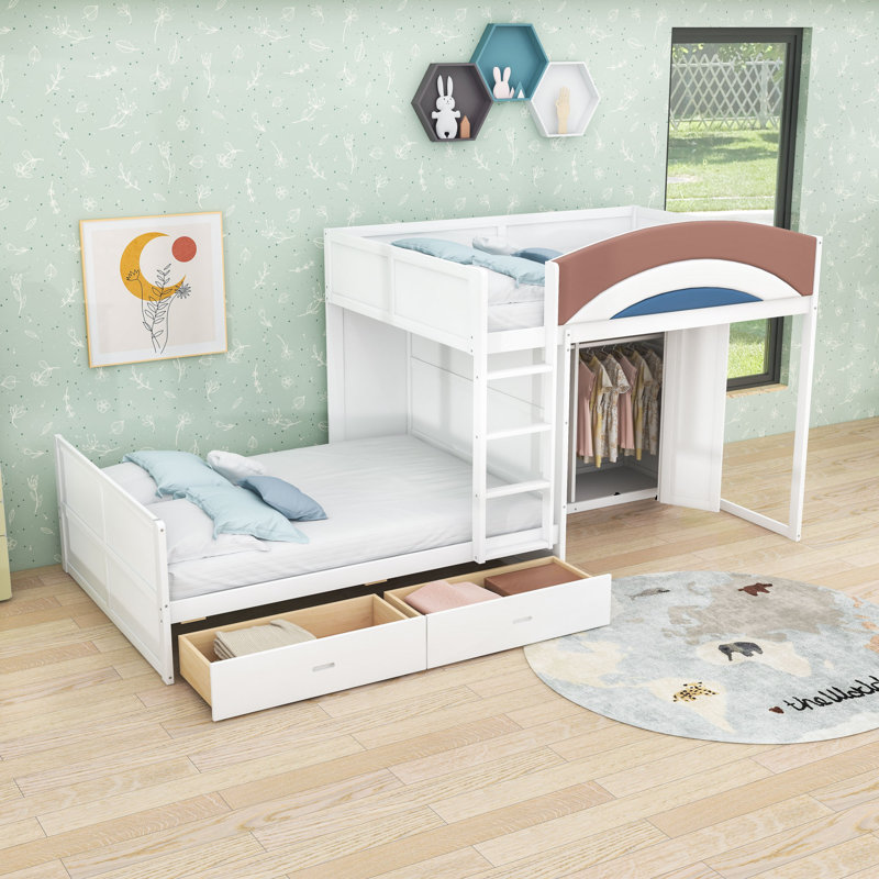 Lit superposé double en bois avec 2 tiroirs et garde-robe, Blanc