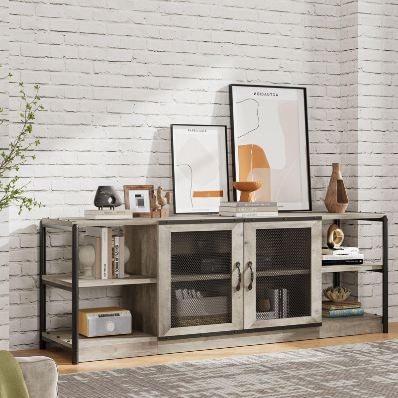Meuble télé 71 po pour téléviseur 75 po, console multimédia grise avec portes en filet et tablettes ouvertes, centre de divertissement robuste pour salon, gris