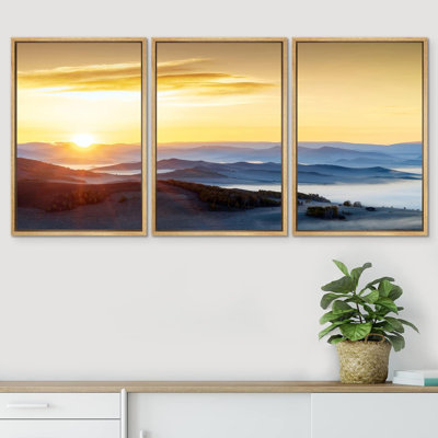 Nature Landscape " Framed Canvas Print Wall Art Set Sunset Mountain Range Skyline Horizon Nature Wilderness Photography Realism Decorative Scenic Rustic Chic for Living Room, Bedroom, Office " 3 Piece Art Color Photography Print