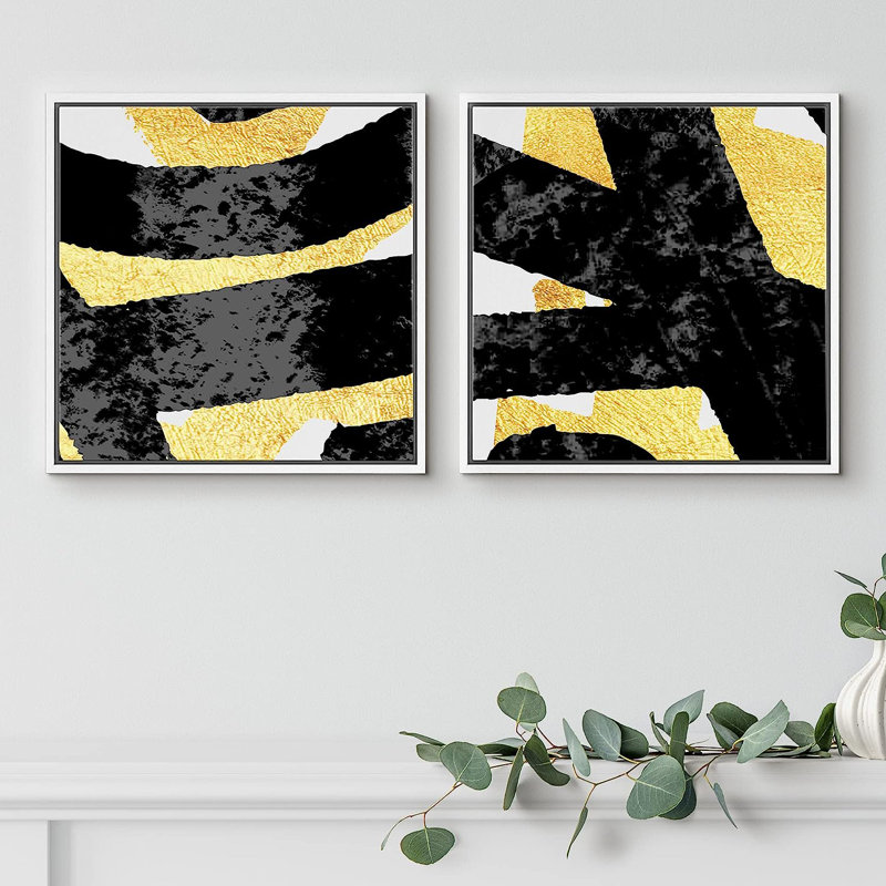 "Black and Gold Lines" sur fond blanc, impression sur toile 2 pièces, Noir, H 16 po x l 32 po x P 1,5 po
