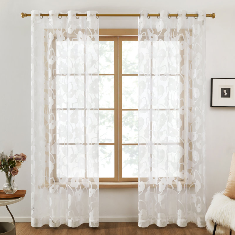 Winston Porter Summer Floral Decorative Sheer Curtain Panels(Set of 2), Cream, 52" W x 96" L