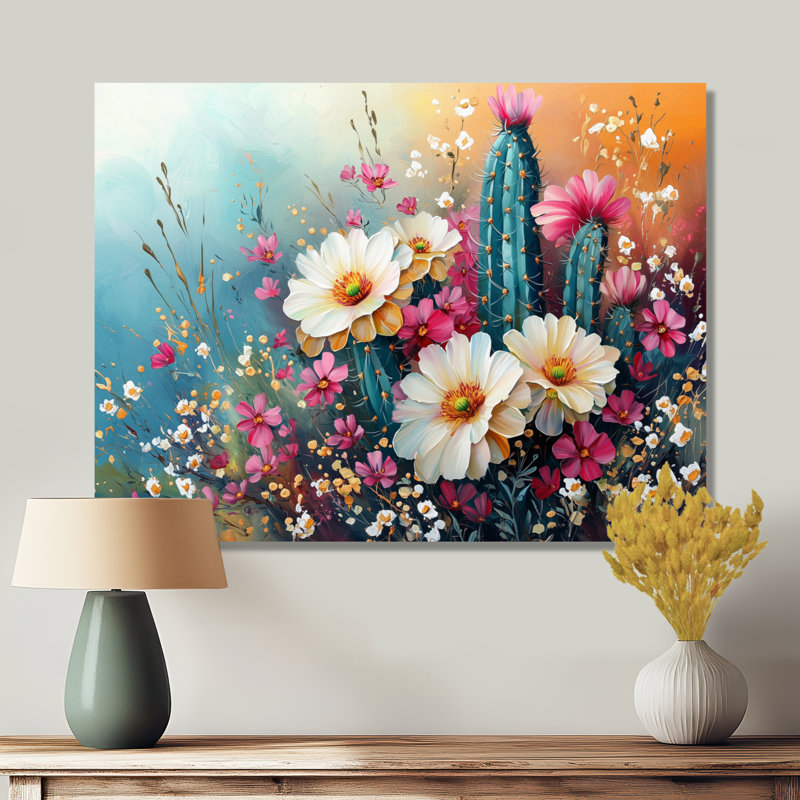 Cactus jaune et rose - Cactus, H 30 po x l 40 po, Toile tendue sur cadre, Ne s’applique pas