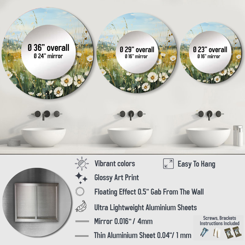 «Sadarius Meadow Whispers Of Spring III», miroir mural unique, art rond imprimé sur métal, 23 po x 23 po