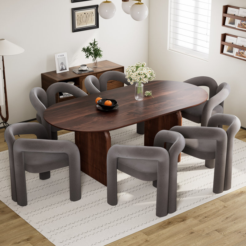 70 Inch Oval Dining Table for 4-6 People, Kitchen MDF Table with Wood Strip Base, Modern Farmhouse Round Dining Room Tables for Kitchen Living Room