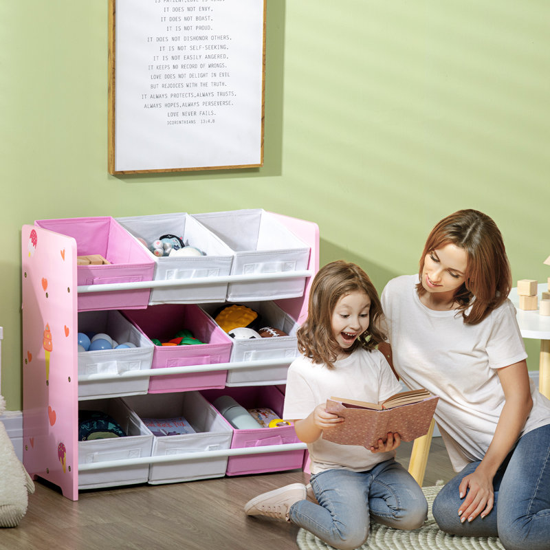 ZONEKIZ Kids Storage Unit Toy Storage Unit Bookshelf Nine Baskets Pink