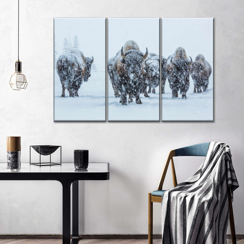 Bisons dans le parc national de Yellowstone sur toile, ensemble de 3 pièces, H 24 po x l 38 po x P 1,25 po