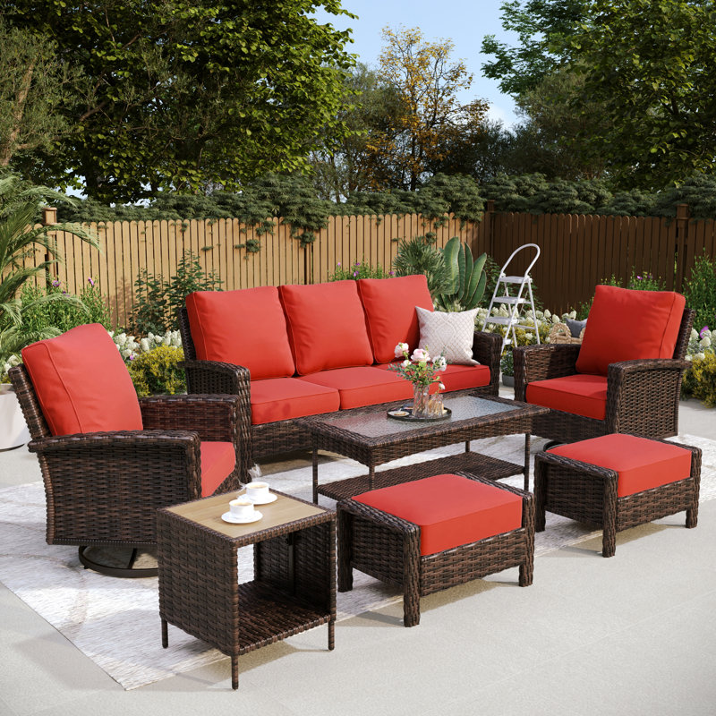 Ensemble de conversation d'extérieur en osier pour terrasse, Rouge, Non