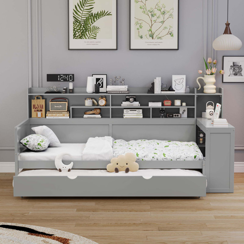 Lit de jour en bois avec tablettes de rangement, lit multifonctionnel avec lit gigogne simple et bureau, Lit simple