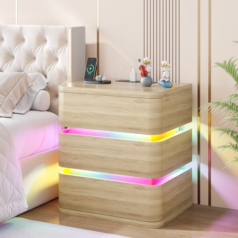 Fully Assembled 3-Drawer Nightstand with Charging Station and Motion Sensor RGB Light, Curved Profil, Natural