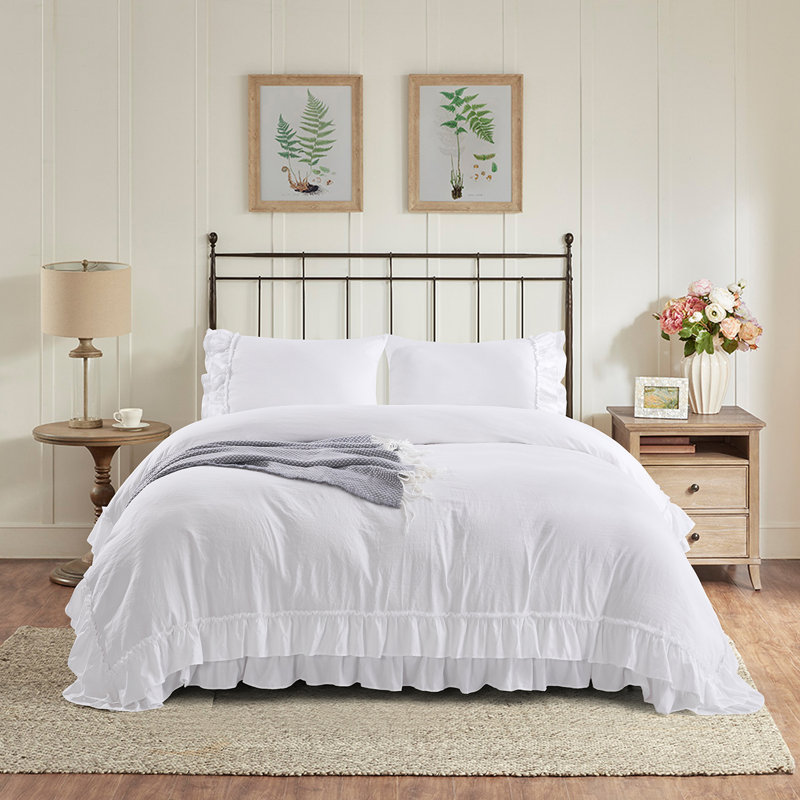 Size 3 Piece Ultra Soft Pre-Washed Duvet Cover Set with Handmade Ruffle Fringe, White, Queen  Duvet Cover + 2 Standard Shams