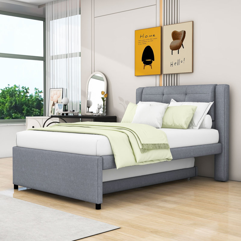 Lit plateforme double en bois avec lit gigogne, gris