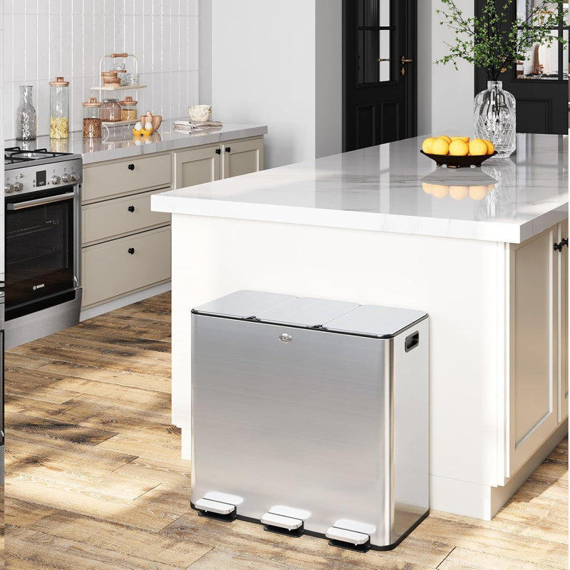 Poubelle, poubelle de cuisine en acier inoxydable à triple compartiment 15,9 gallons (3 x 20 L) pour le recyclage, seaux intérieurs en plastique 5 + 5 + 5 gallons, fermeture silencieuse, brossée, hermétique, argent