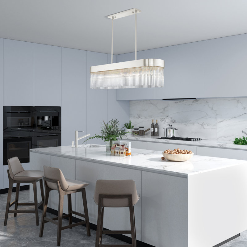 Luminaire suspendu linéaire à 6 lumières pour îlot de cuisine avec détails en cristal Bamey, Nickel brossé
