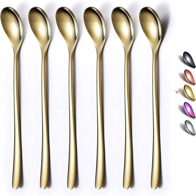 Ensemble de 6 cuillères à café dorées à long manche, agitateurs en acier inoxydable de première qualité pour thé glacé, crème glacée et cocktails