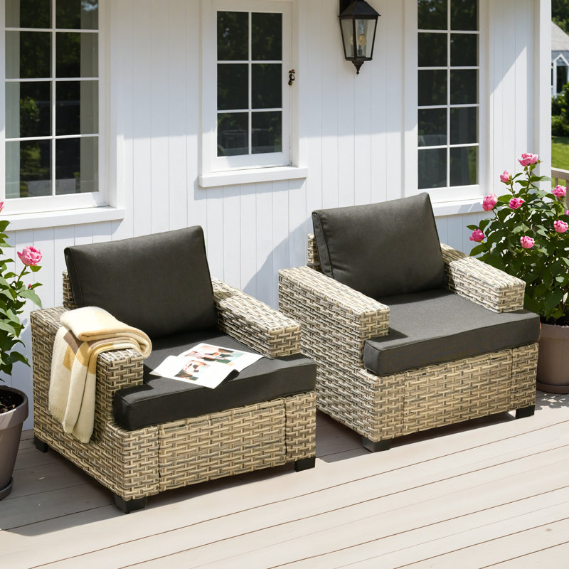 Wahkon 2 - Person Outdoor Wicker Chairs, All Weather Rattan Chairs 2-Seater with Comfy Cushions, Black