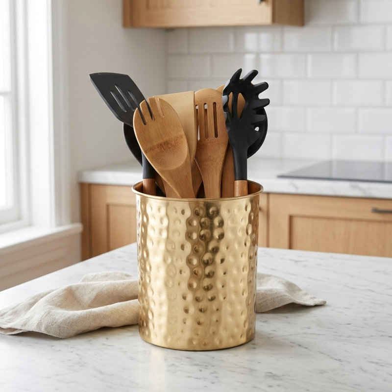 Hand Hammered Metal Kitchen Utensil Holder, Gold