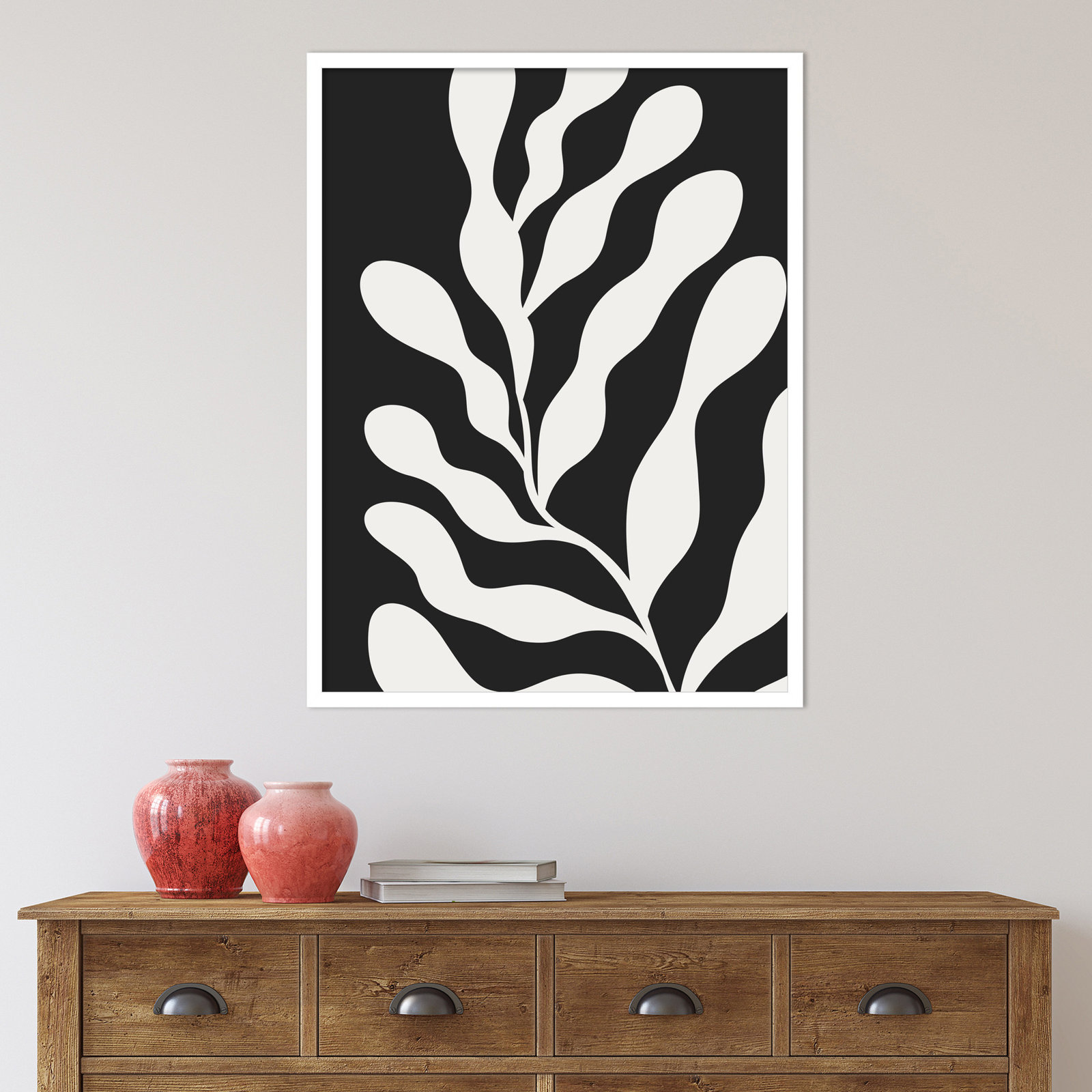 Retro Matisse Inspired Abstract Botanical 3 Black, White, 33" H x 25" W x 1" D