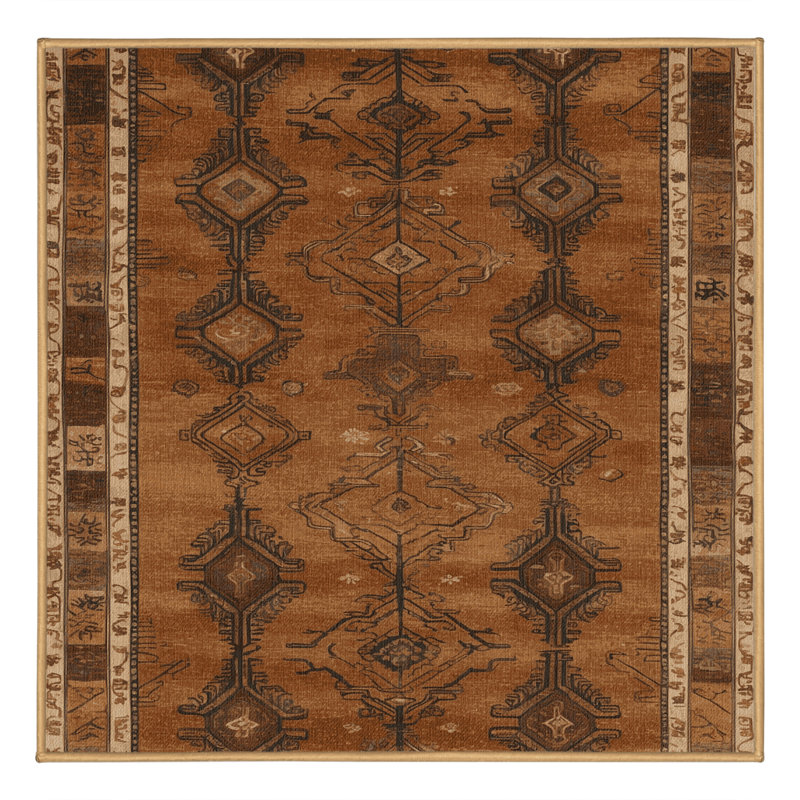Machine Washable Art Deco Brown Area Rug, Square 3'