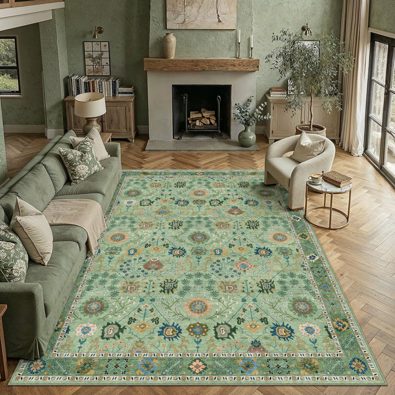 Tapis botanique rétro lavable à la machine avec envers antidérapant, Vert, Rectangle 9 pi x 12 pi