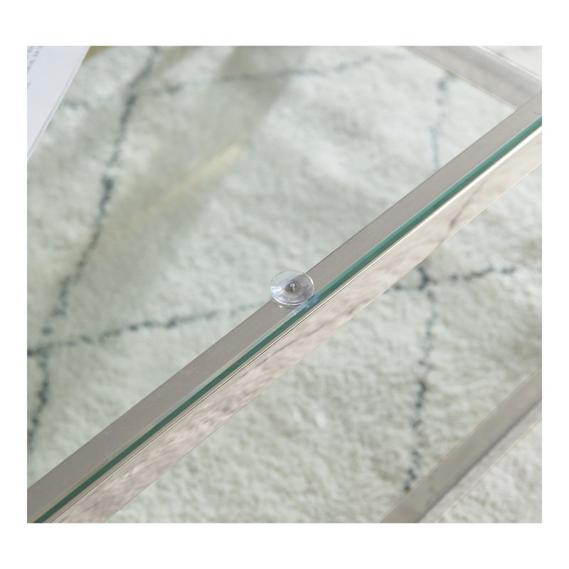 Table basse rectangulaire moderne en acier inoxydable de 47 po de largeur, table basse en verre trempé transparent à deux couches, table centrale avec rangement, pour le bureau à domicile, assemblage facile, argent