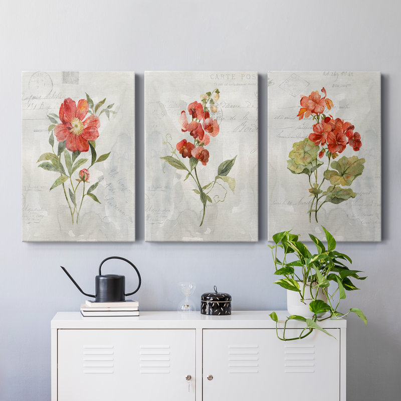 Lin géranium - ensemble de 3 impressions sur toile tendue, H 60 po x l 120 po x P 3 po