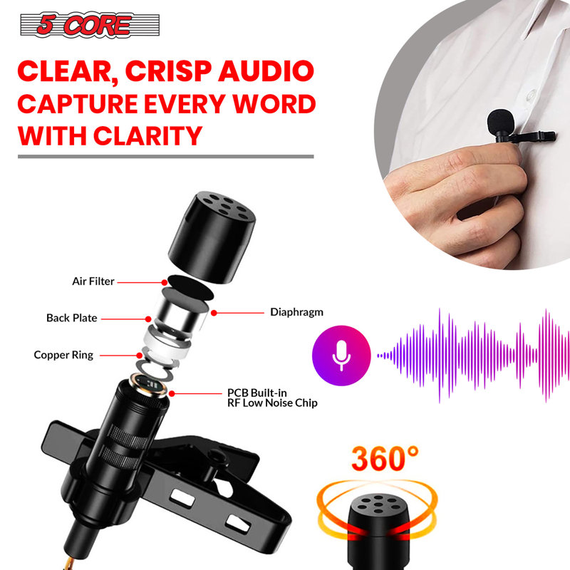 5 Core Lavalier Microphone Clip On Professional Grade 3.5mm Lapel Mic Omnidirectional Lav Mic