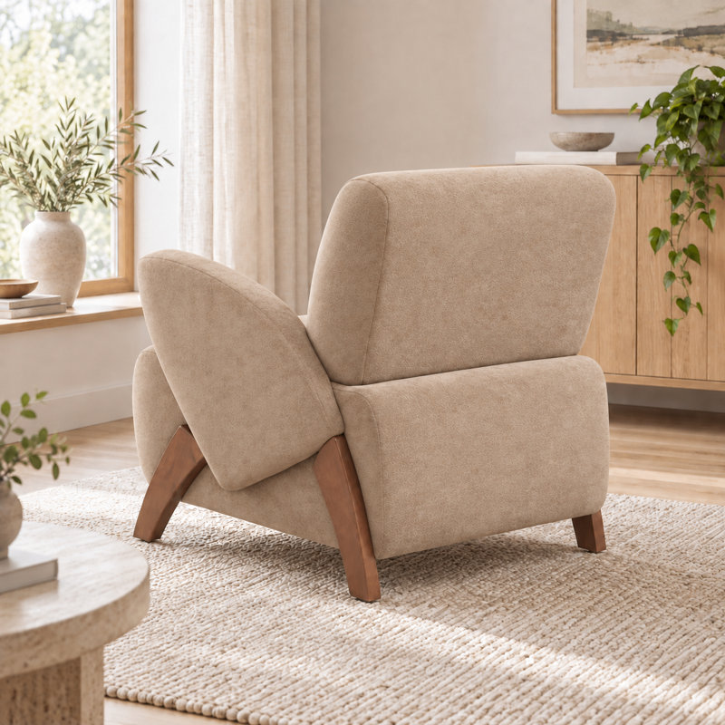 Fauteuil d'appoint moderne et compact en velours, avec accoudoirs incurvés et pieds en bouleau massif, idéal pour le salon, le bureau ou la pièce à vivre.