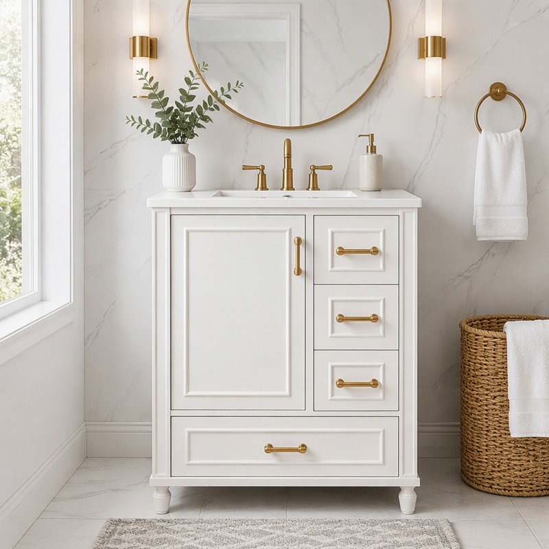 Meuble-lavabo moderne avec lavabo en céramique, porte à fermeture douce, 3 tiroirs et rangement compact pour les petites salles de bain