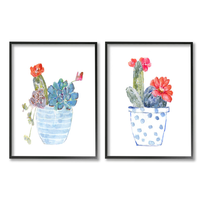 «Vivid Cactus Blossoms Pott» par Sally Swatland - Ensemble de 2 peintures sur bois, Giclée encadrée noir minuit